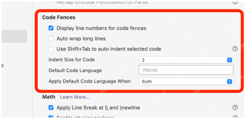 Code Fences 设置页显示行号、自动换行和缩进相关选项。