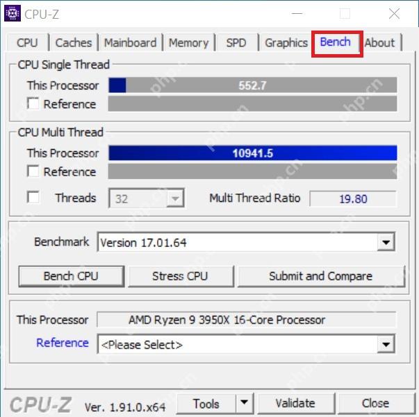 CPU-Z Windows Bench 标签页用于准备运行单线程性能测试