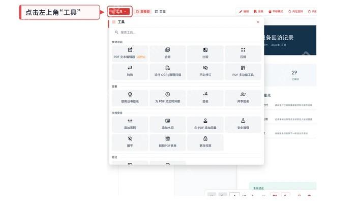 PDF转Word极轻PDF在线编辑器打开工具菜单真实界面图