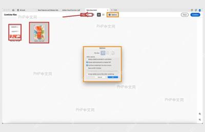Acrobat 合并文件工作区中已出现多个 PDF 缩略图,顶部 Add files 入口被标出