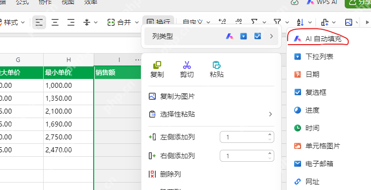 WPS表格AI自动填充入口