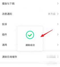 爱奇艺设置页面显示清除成功提示，证明系统缓存清理完成