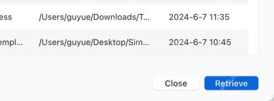 Xmind Pro File Cache 窗口右下角显示 Retrieve 恢复按钮。