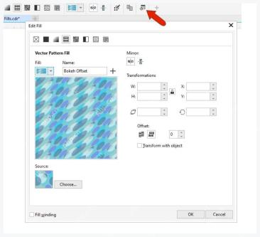 CorelDRAW Edit Fill 窗口中设置矢量图案填充参数