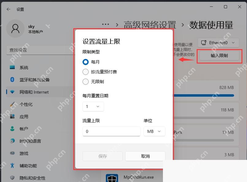 在数据限制窗口设置每月流量上限