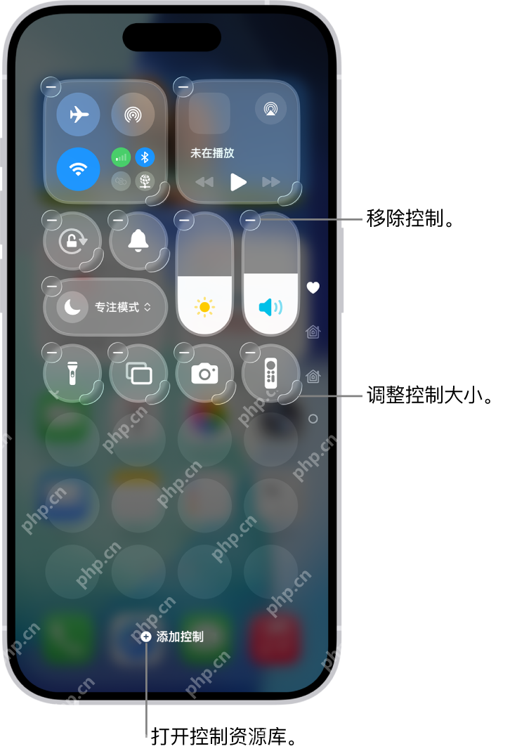 iPhone 控制中心编辑状态显示移除按钮控制柄和添加控制