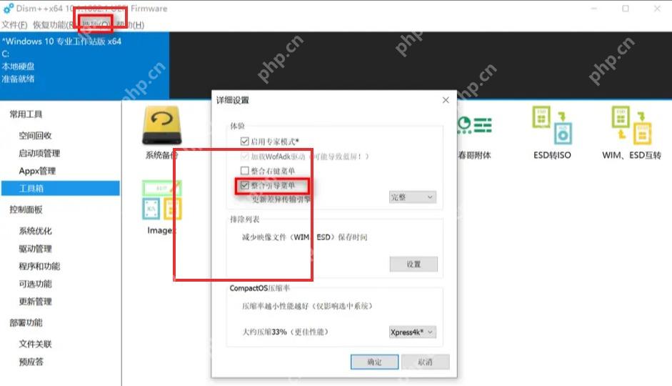 Dism++ 选项菜单打开详细设置窗口,用于检查界面文字是否正常