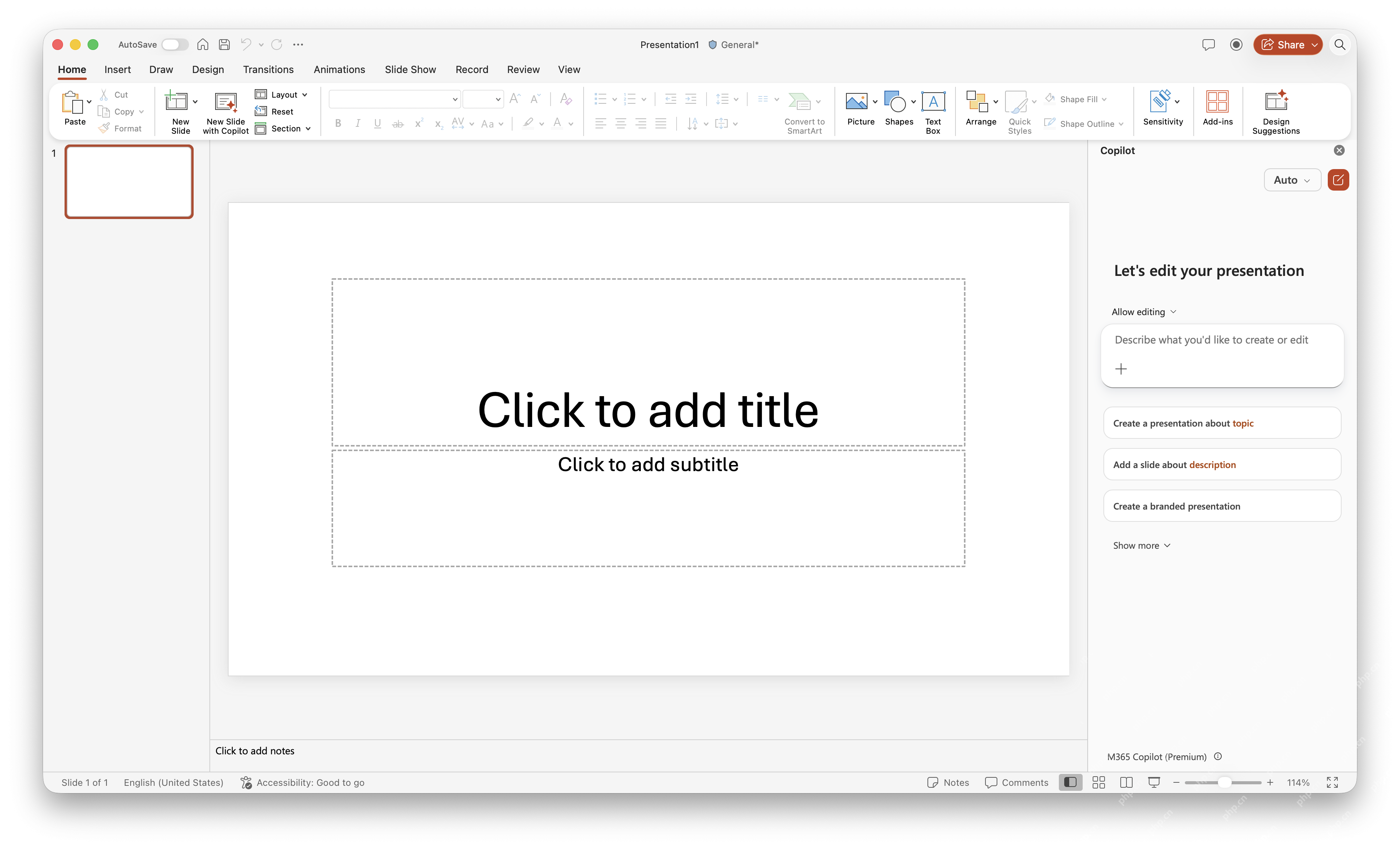 PowerPoint 中打开 Copilot 编辑面板并允许编辑演示文稿