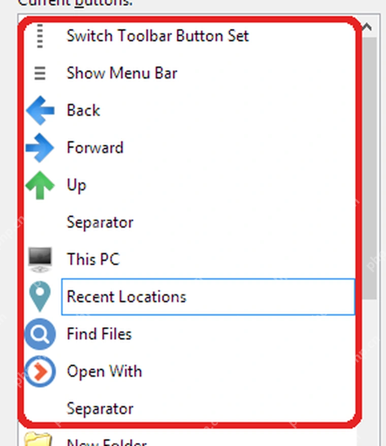 XYplorer Customize Toolbar 窗口右侧 Current buttons 列表。