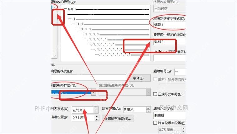 Word 定义新的多级列表窗口中设置级别 1