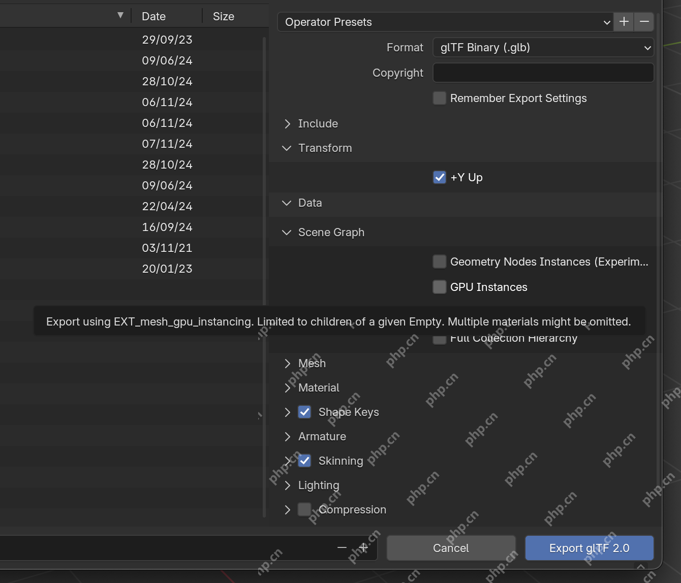 Blender glTF 导出面板显示 Include、Transform、Mesh 和底部 Export glTF 2.0 按钮