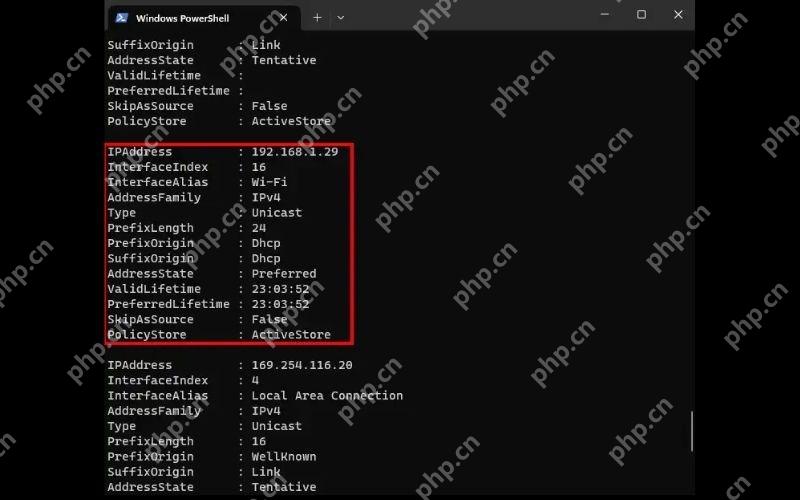 Windows 11 用 PowerShell 确认地址来自 DHCP的真实界面截图