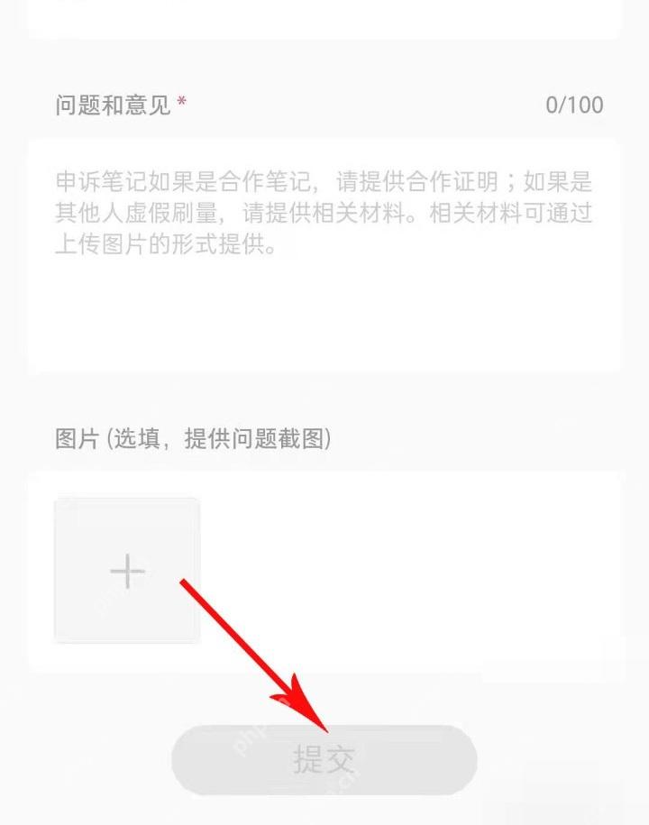 小红书笔记申诉页面的问题和意见、图片截图入口及提交按钮,用于提交审核申诉材料