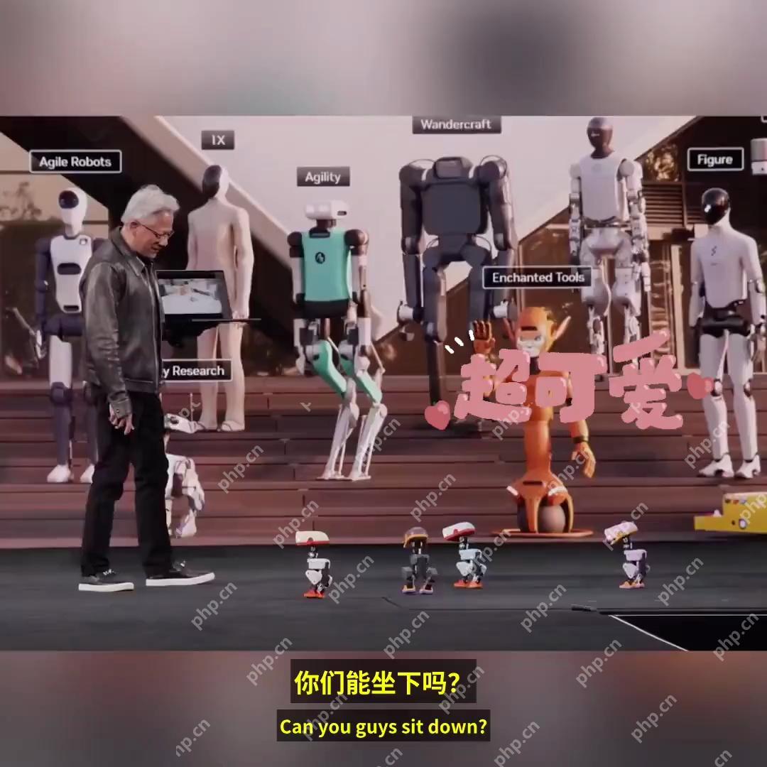 黄仁勋与四只Microduck机器人展示已训练的动作