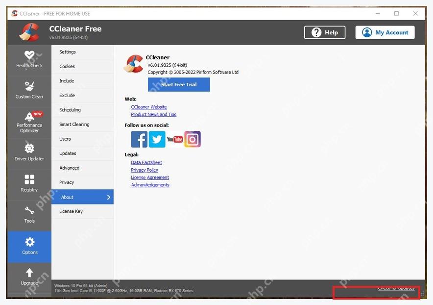 CCleaner Windows 电脑端 About 页面底部 Check for updates 链接