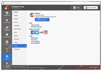 CCleaner Windows 电脑端 About 页面底部 Check for updates 链接