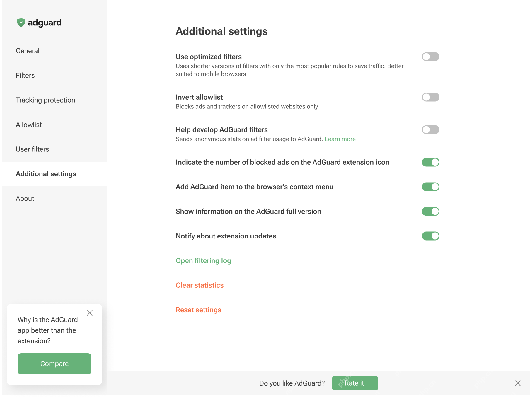 AdGuard 浏览器扩展 Additional settings 页面中的 Open filtering log