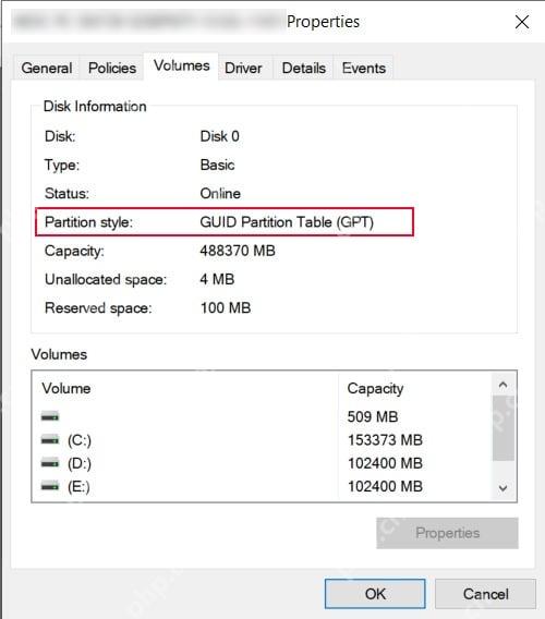 Win10 磁盘属性卷选项卡显示 GUID 分区表 GPT