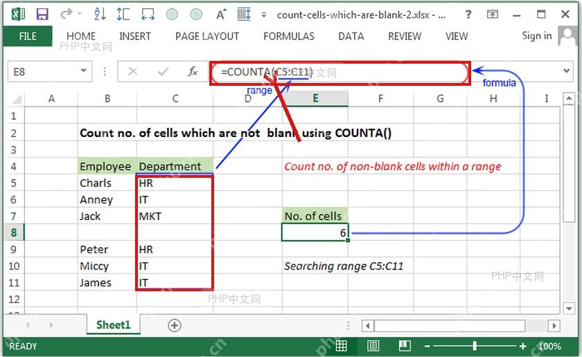 Excel编辑栏中输入COUNTA函数并指定C5到C11区域