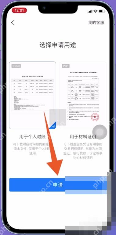 支付宝中文界面:申请,对应步骤:用途确认好以后,再点页面里的“申请”。这一步是把导出流程继续往下推进。