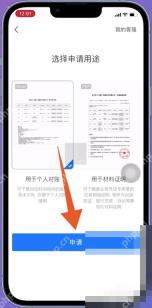 支付宝中文界面:申请,对应步骤:用途确认好以后,再点页面里的“申请”。这一步是把导出流程继续往下推进。