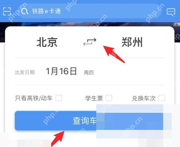 12306怎么给老人代买车票:选择需要购票的起始地点后点击查询车票。