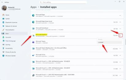Windows 11已安装的应用里Microsoft OneDrive右侧菜单显示Uninstall卸载入口