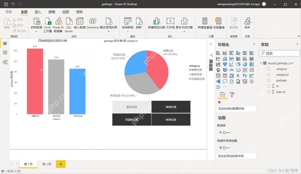 Power BI Desktop 报表画布中展示字段和可视化窗格