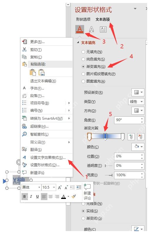 PowerPoint文本填充中选择渐变填充并调整光圈