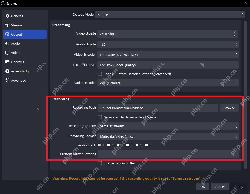 OBS Studio Settings Output 页面显示 Recording 区域和 Recording Format