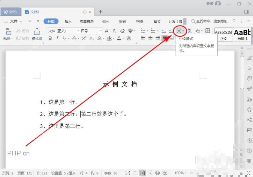 WPS 文字开始选项卡中打开中文版式按钮