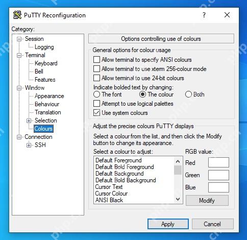 PuTTY 修改终端背景颜色的 RGB 数值