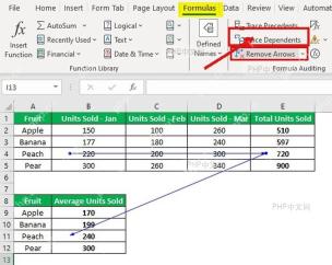 Excel 公式审核区域的 Remove Arrows 清除箭头按钮用于移除追踪线