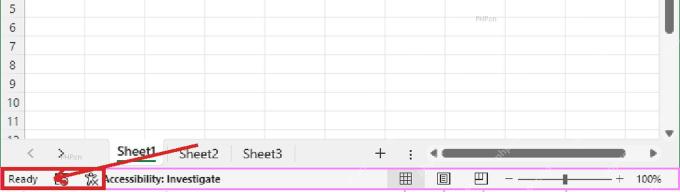 真实 Excel 工作表左下角状态栏 Ready 区域,用于第一步确认结束模式提示位置