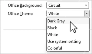 Microsoft 365 Office Theme 下拉框显示 Colorful White Dark Gray Black
