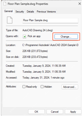 Windows 文件属性里的 Opens with 更改按钮截图，证明双击打不开时要先从文件属性重设默认打开程序。