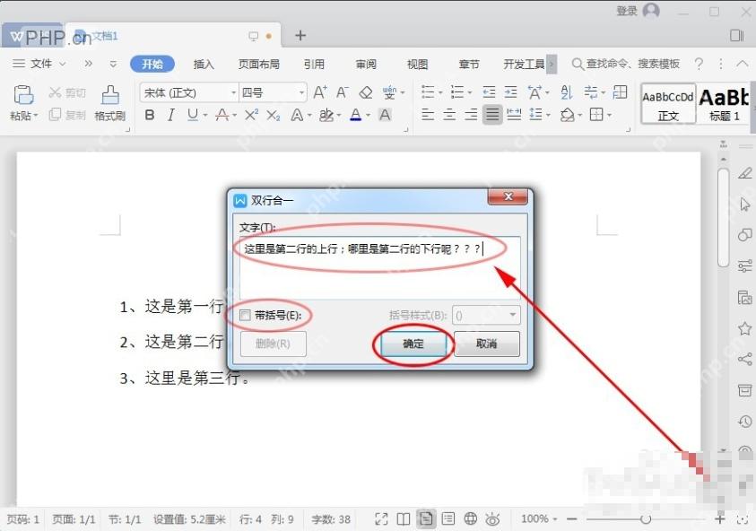 WPS 文字双行合一设置窗口中填写文本并点击确定
