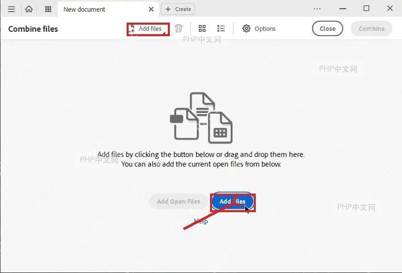 Acrobat Combine files 界面中 Add Files 按钮被标出,用于添加要合并的 PDF 文件