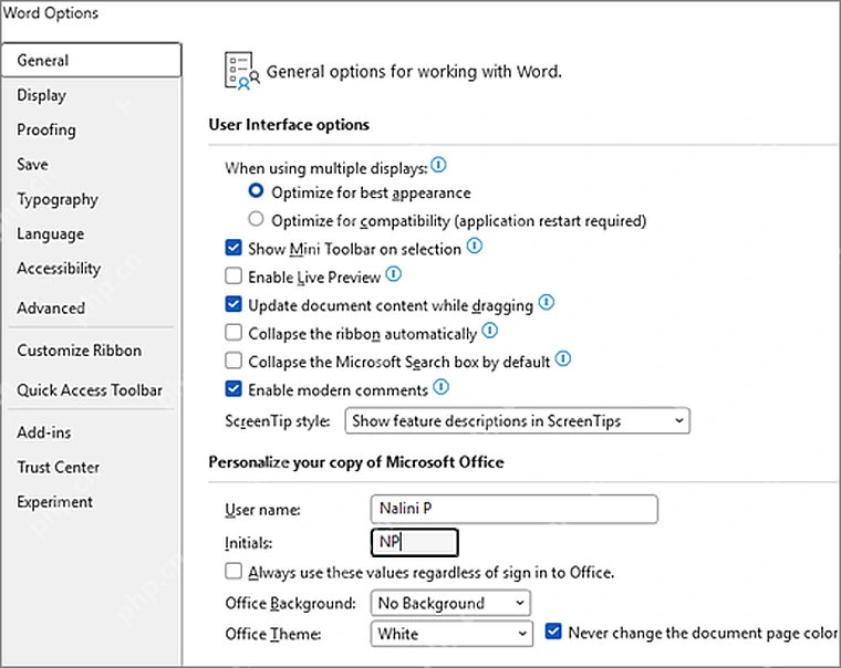 Word 选项常规页面包含 Startup options 启动选项