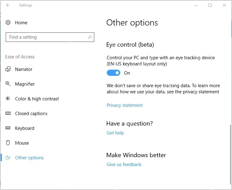 Win10 眼球控制开关
