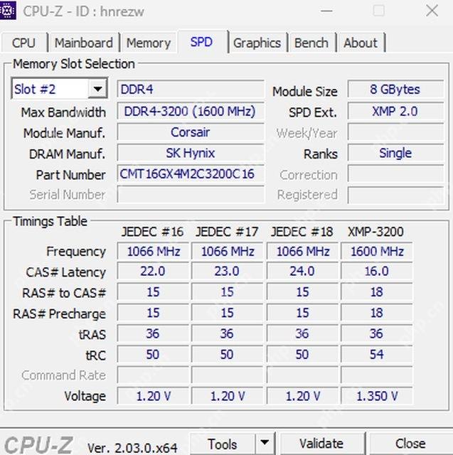 CPU-Z SPD 标签页显示 Memory Slot Selection 和内存模块信息