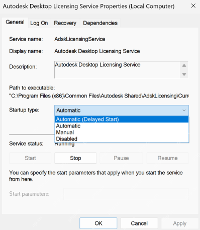 Windows Autodesk Desktop Licensing Service 属性 Startup Type 截图,证明许可超时时还要检查服务启动类型。
