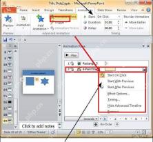 PowerPoint 动画窗格里打开动画开始方式和触发设置菜单