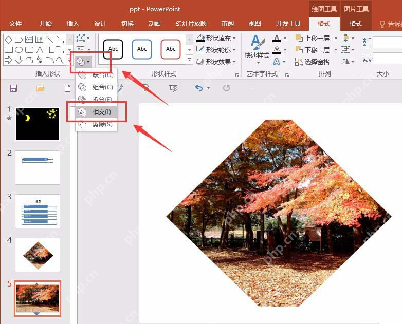 PowerPoint 合并形状菜单中使用相交处理图片和菱形轮廓