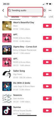 TikTok APP 音乐关键词搜索界面