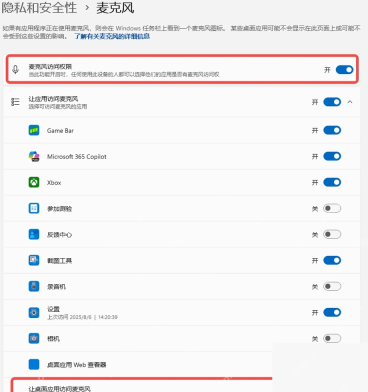Windows 11 麦克风隐私权限页面允许语音输入使用麦克风