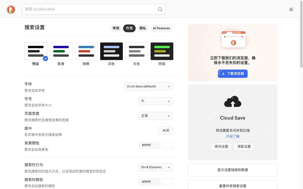 检查外观设置页面对应的DuckDuckGo真实界面