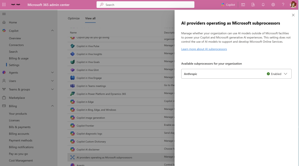 Microsoft 365 管理中心中查看 AI providers 并确认 Anthropic enabled 的页面