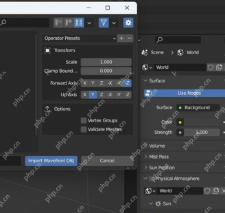 Blender OBJ 导入窗口右侧显示 Transform、Forward Axis、Up Axis 和 Options 区域