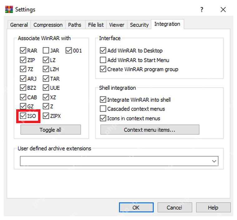 WinRAR Windows Integration 设置页显示 ISO 扩展名可勾选,对应启用 ISO 关联。